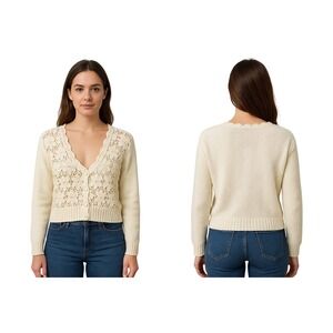 Vintage Melbourne Elements Crochet Knit Cardigan Cream Floral Ramie Cotton Large